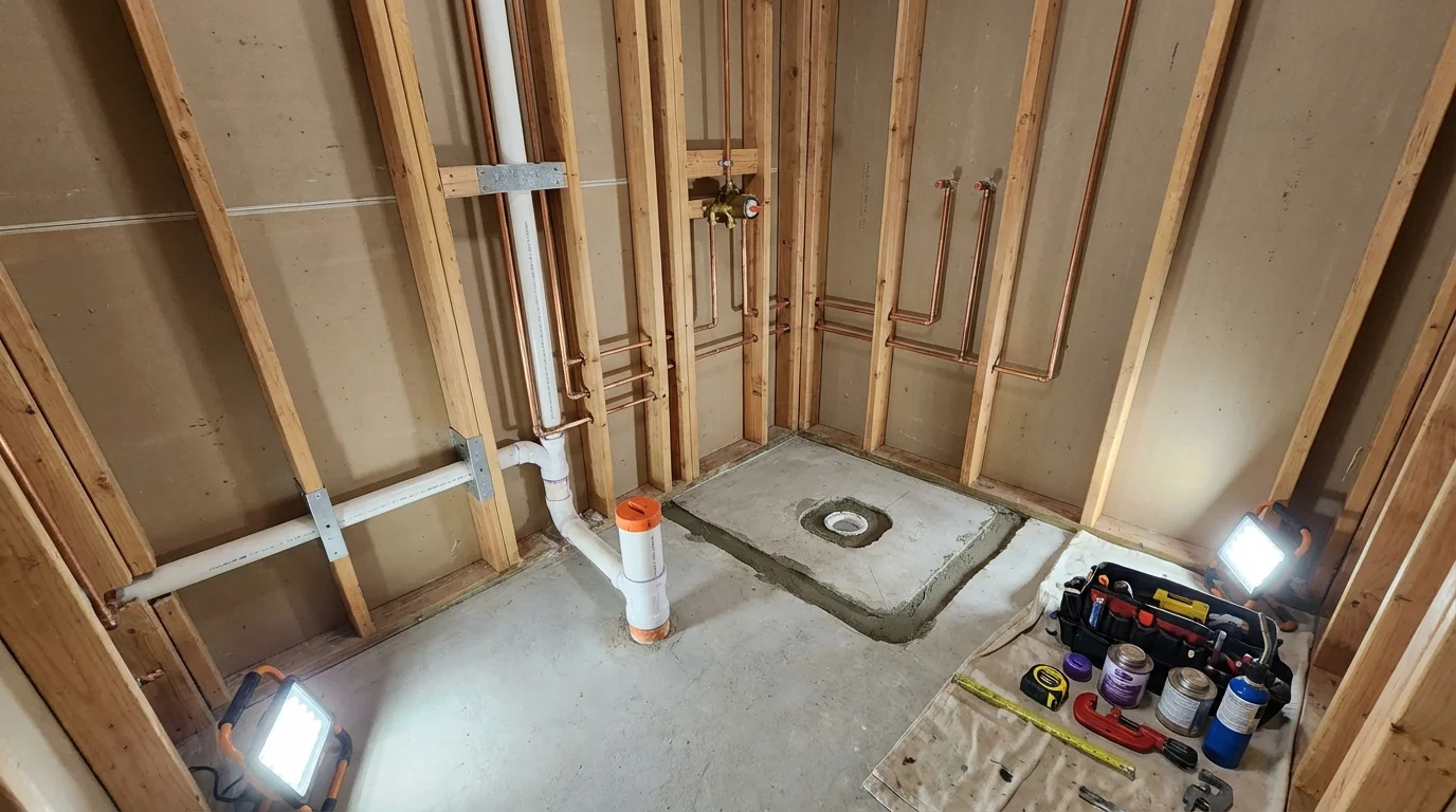 Bathroom rough-in plumbing during remodel by Johns Plumbing LLC in Dannemora