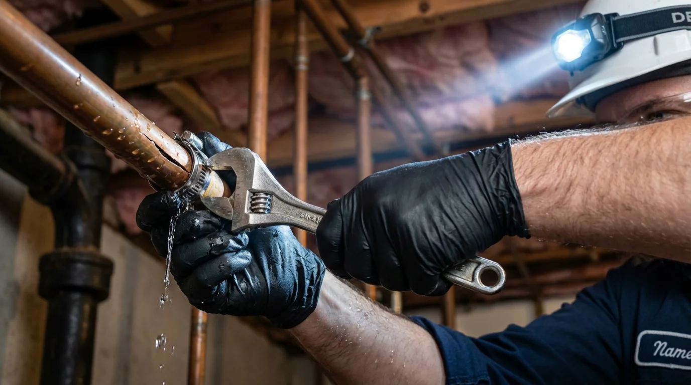 Emergency pipe clamp repair being performed by a Johns Plumbing LLC plumber in Dannemora