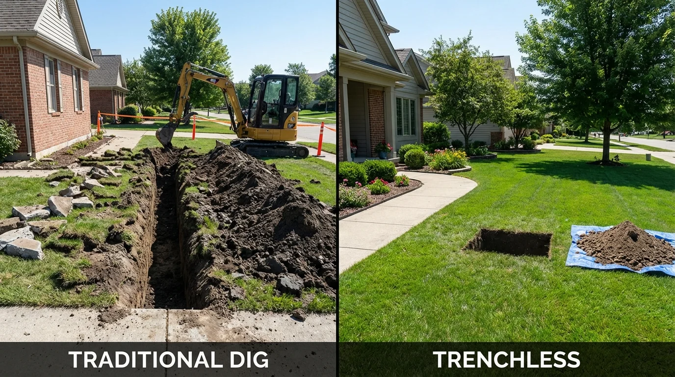 Trenchless sewer repair with minimal yard damage versus traditional excavation in Dannemora, NY